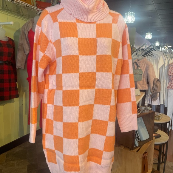 Orange and Pink Checkered Turtleneck Sweater Dress - Picture 2 of 7